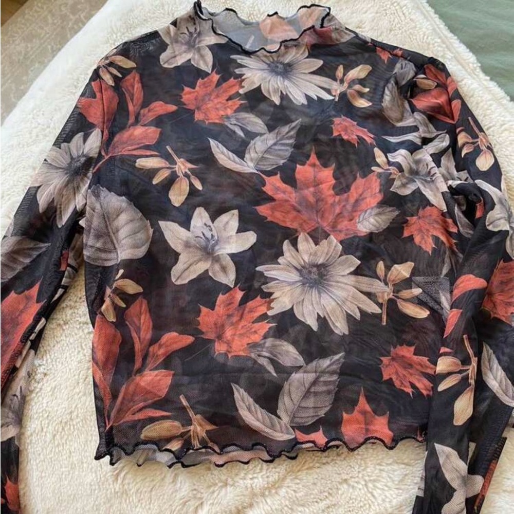 Floral Sheer Long Sleeve Top - Black and Red. Mesh see through material